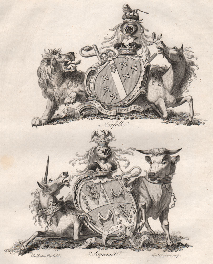 NORFOLK; SOMERSET. Coat of Arms. Heraldry 1790 old antique print picture